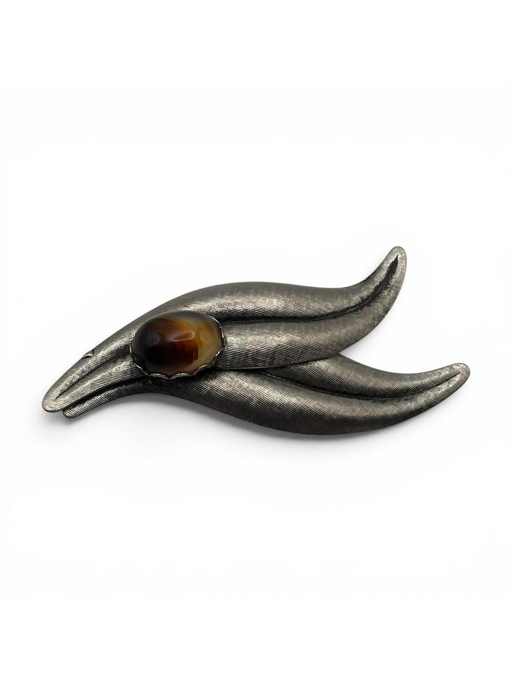 Vintage Silver Tone Brooch with Brown Stone Accent